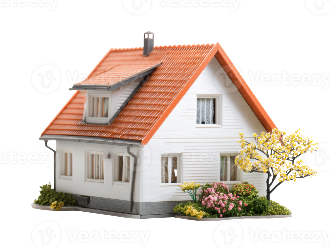 Model house with vibrant flowers and greenery in springtime setting png