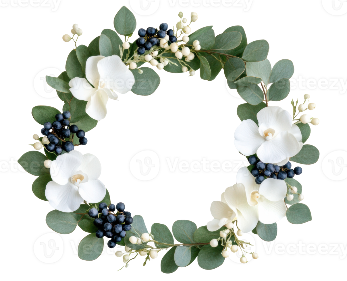 Elegant floral wreath with eucalyptus and white orchids for decoration png