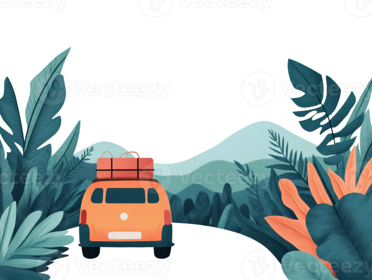 Road trip adventure through vibrant tropical landscapes with luggage png