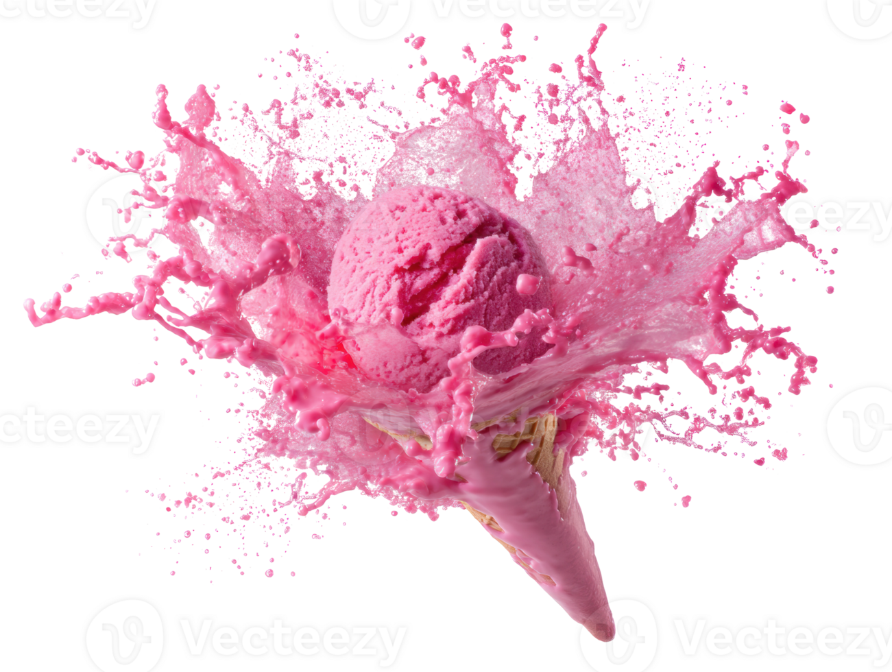 Bright pink ice cream cone splashing in vibrant explosion around png