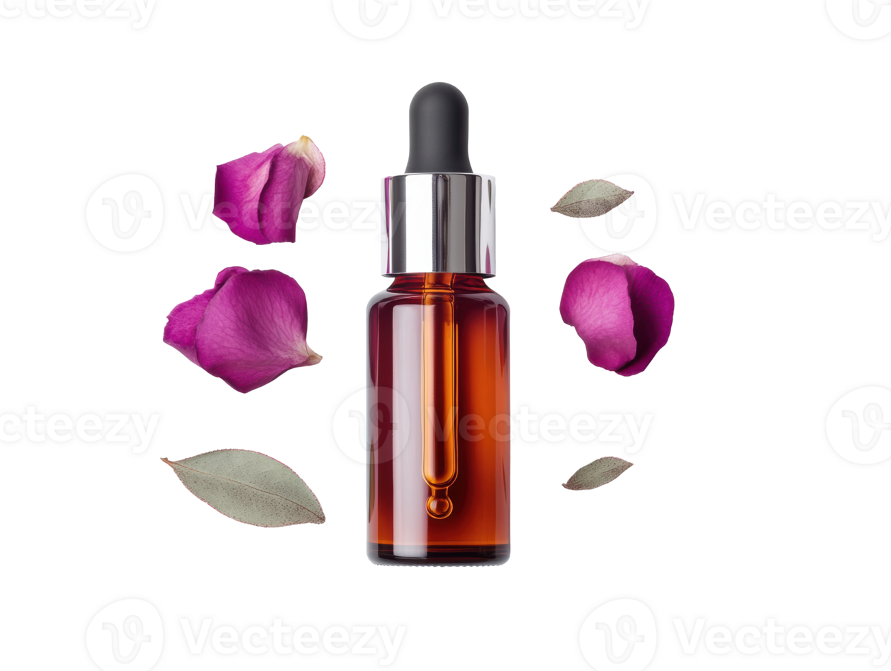 Rose oil in a dropper bottle with petals and leaves around png