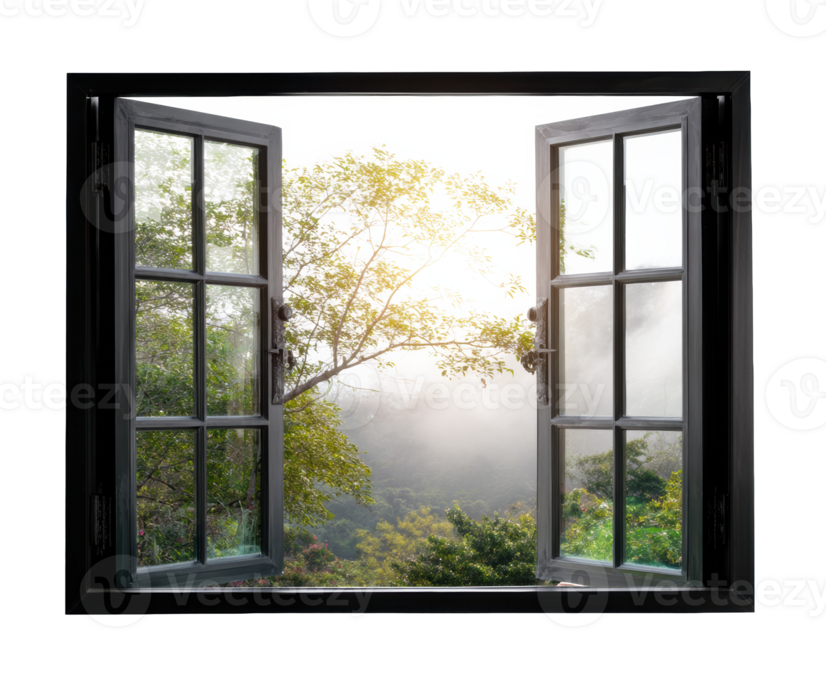 Fresh morning view from a window overlooking the lush green landscape png
