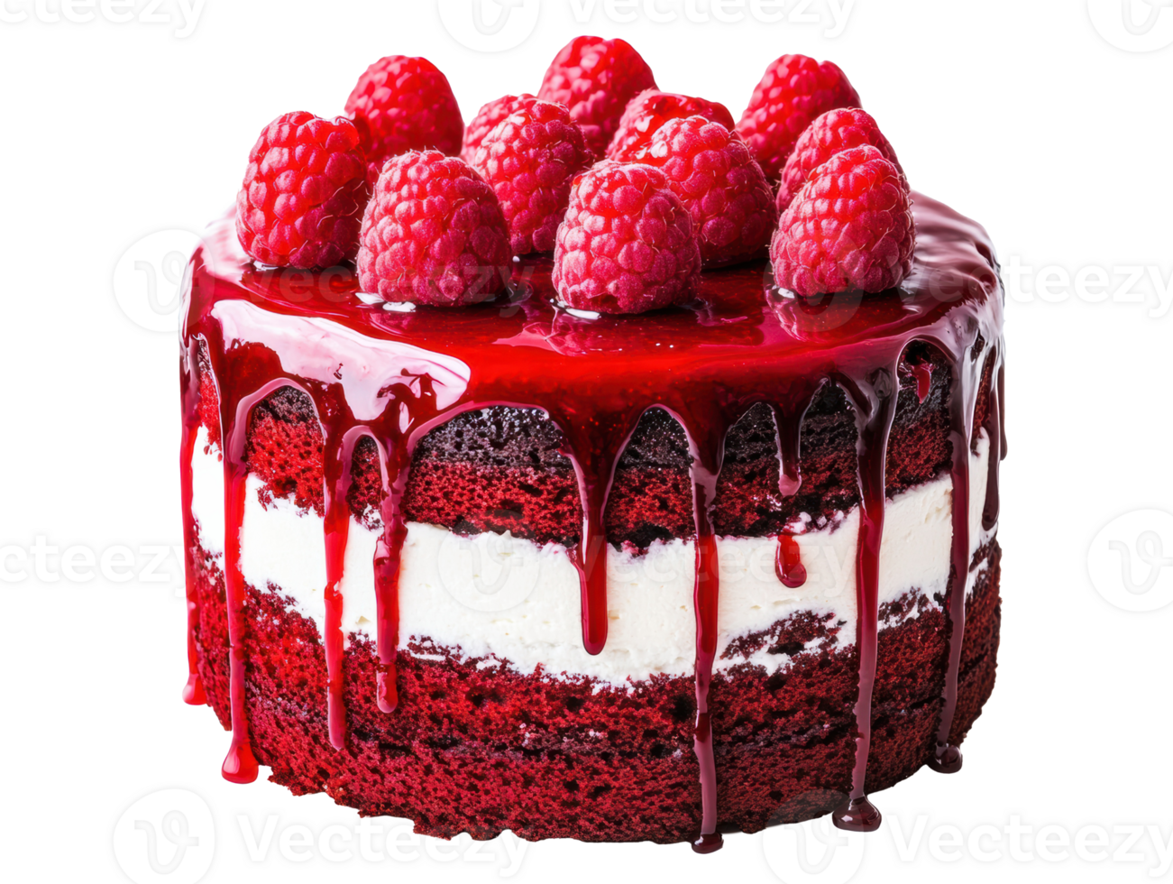 Delicious red velvet cake topped with fresh raspberries and glaze png