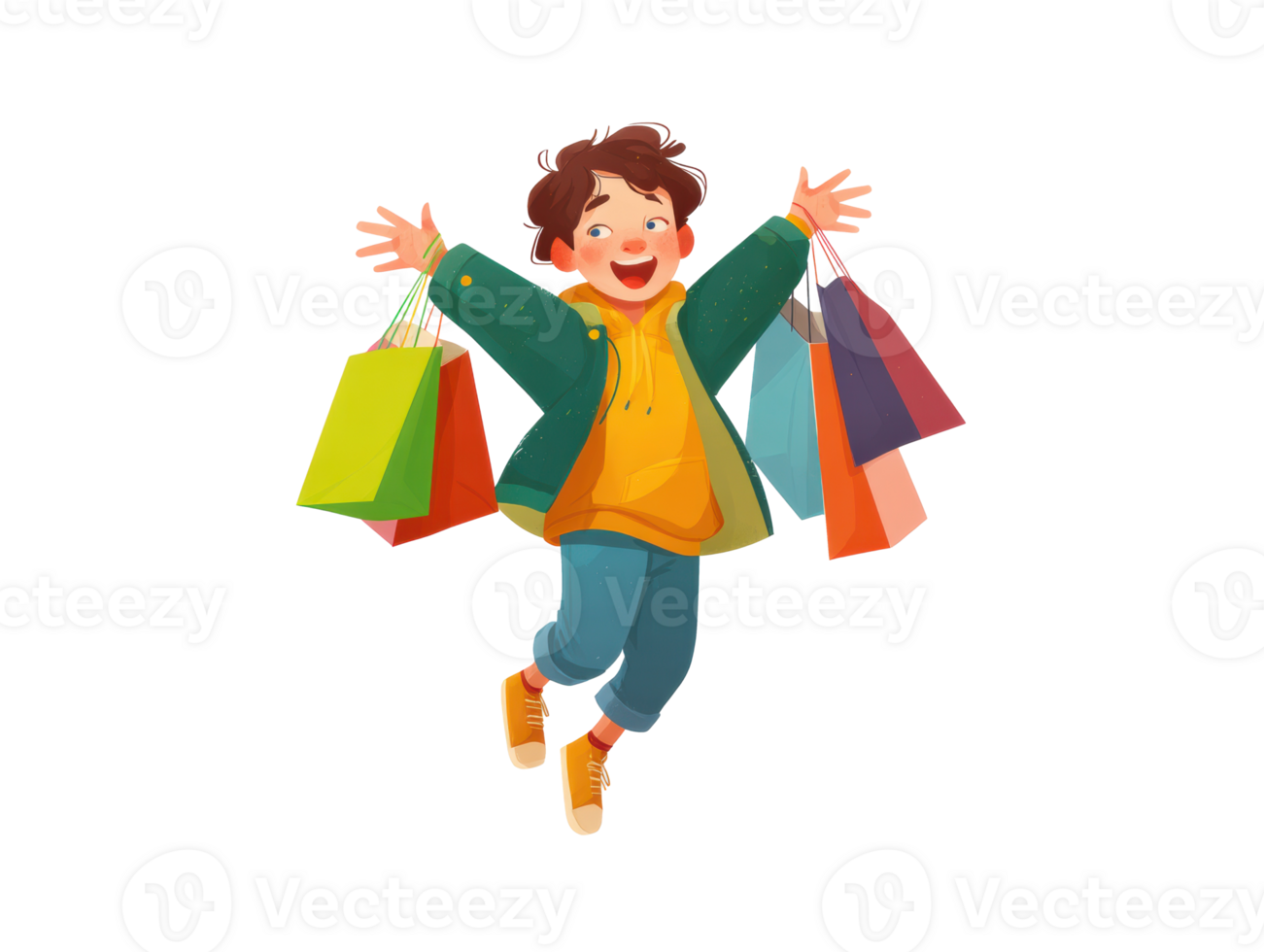 Happy child shopping with colorful bags filled with goodies png