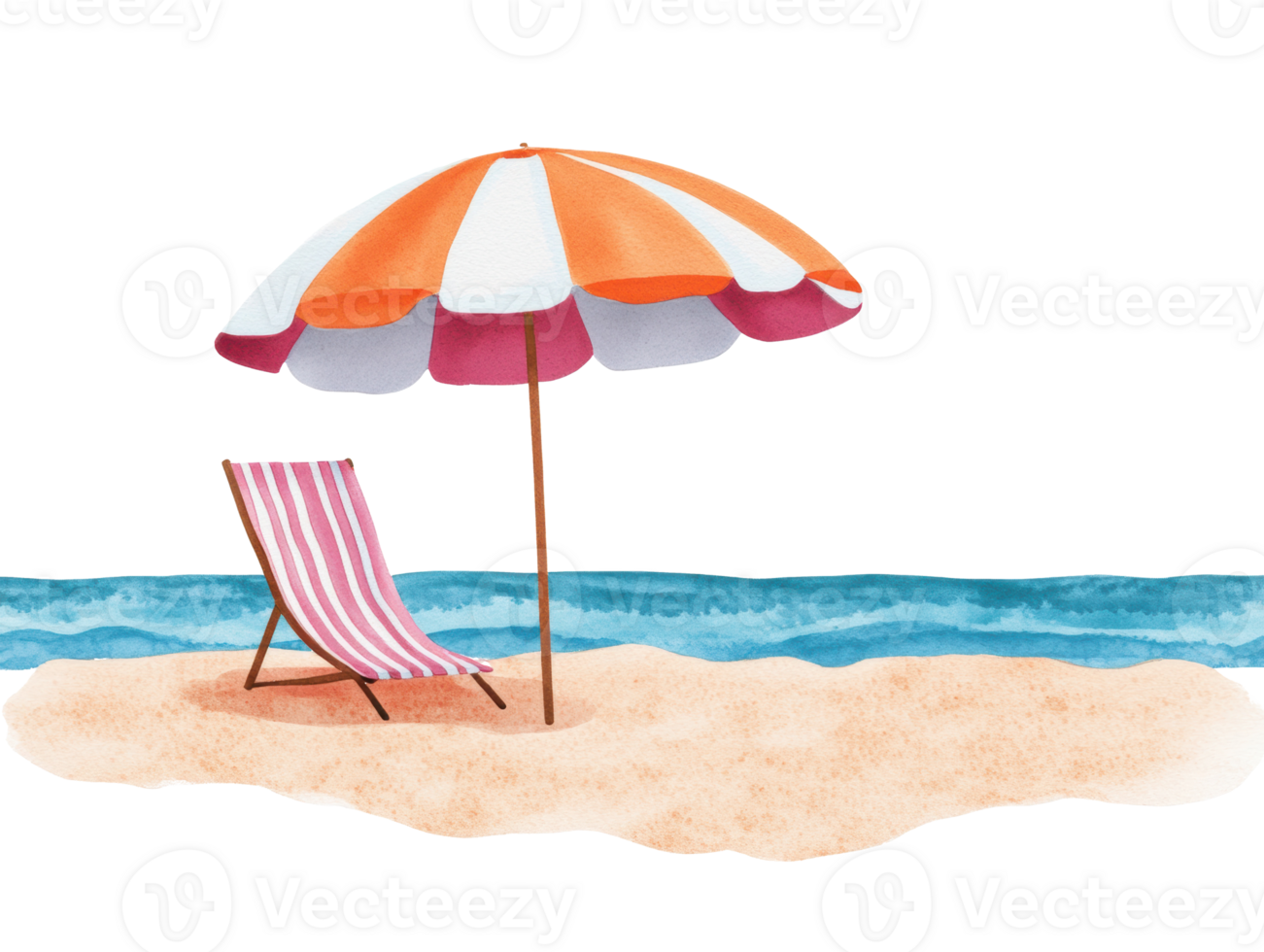 Relaxing beach scene with a colorful umbrella and deck chair png