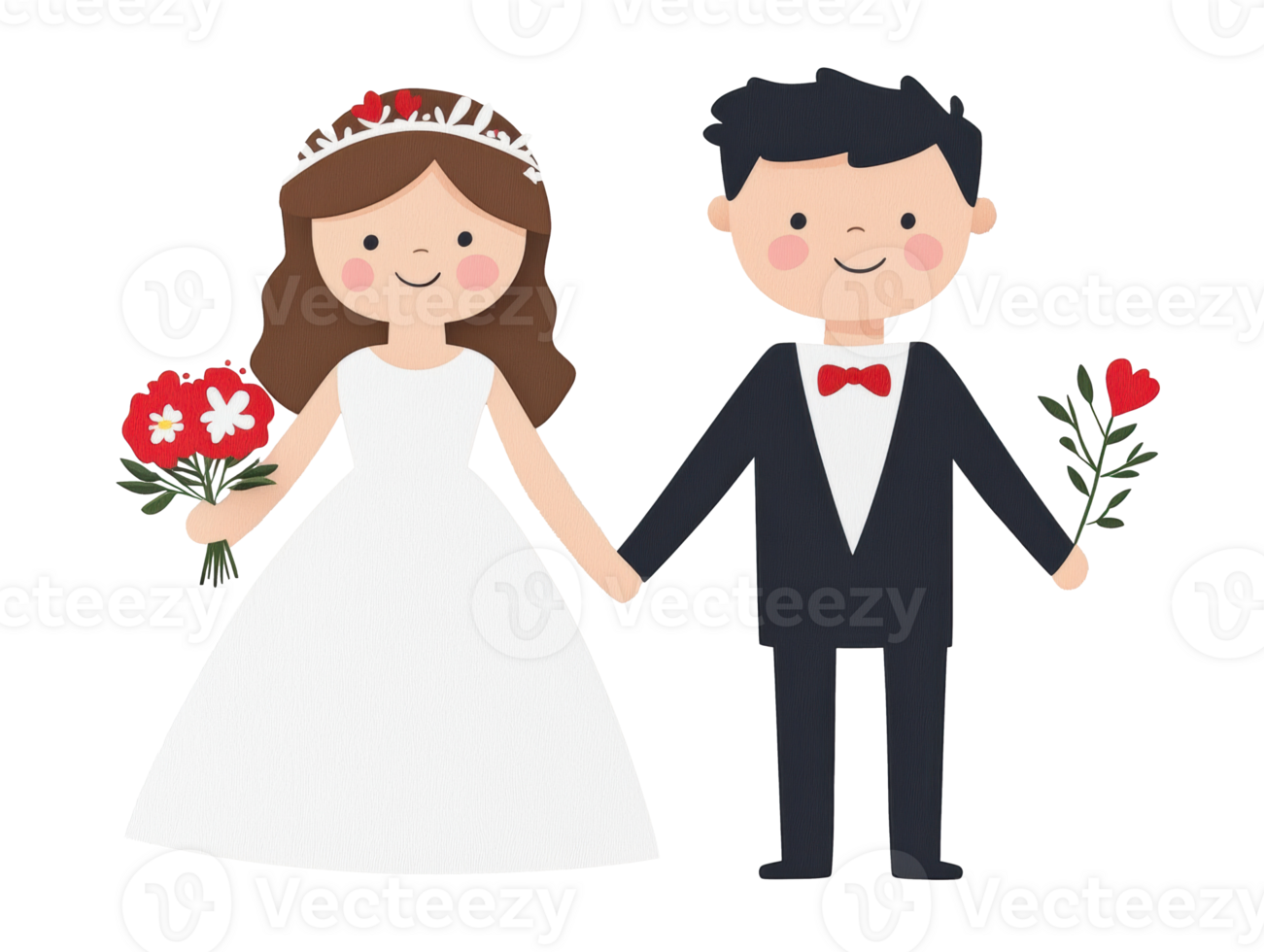 Cute couple in wedding attire holding hands and flowers png