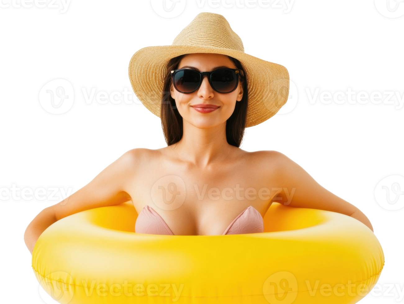 Relaxing summer woman in pool with yellow float and hat png