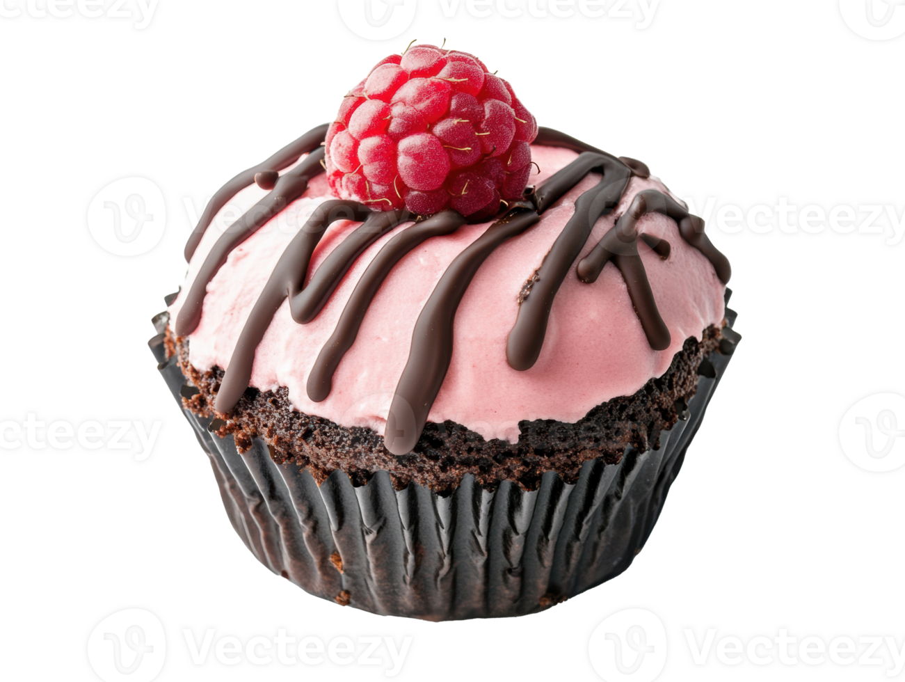 Choco-raspberry cupcake with creamy frosting and chocolate drizzle png