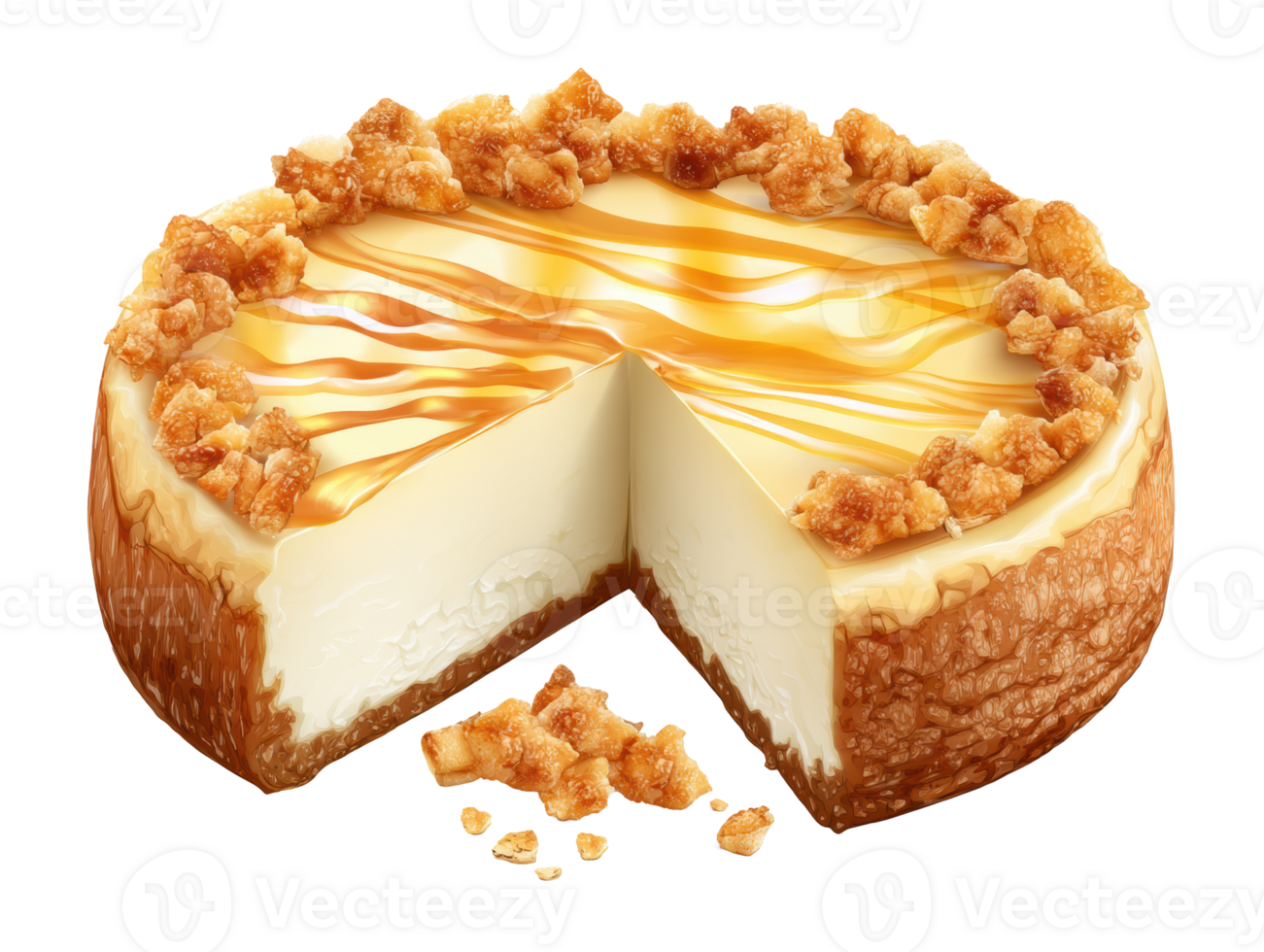 Delightful caramel cheesecake dessert with crunchy topping slices png