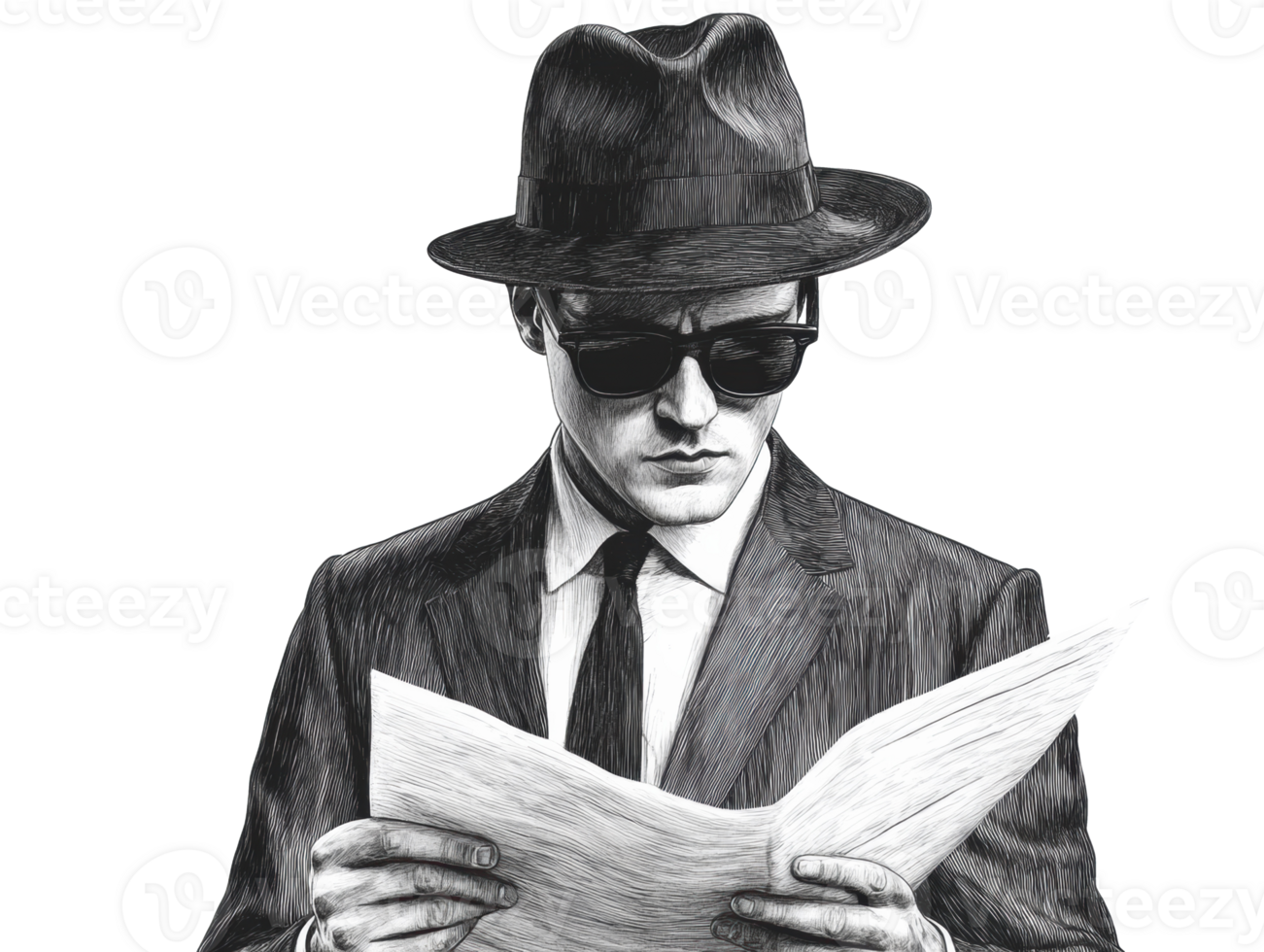 Man in classic suit, hat, and sunglasses reading newspaper png