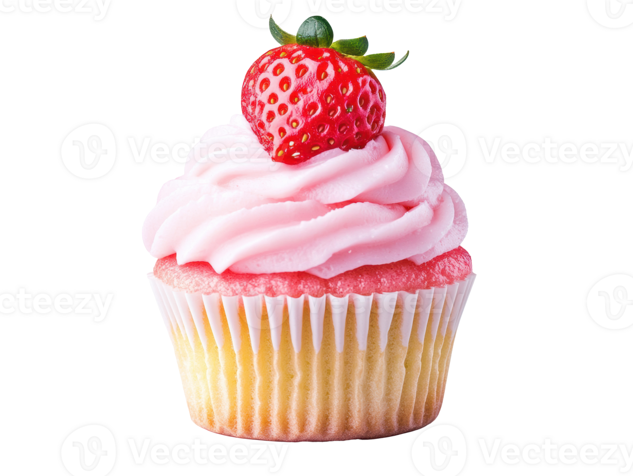 Strawberry cupcake with pink frosting and fresh berries png