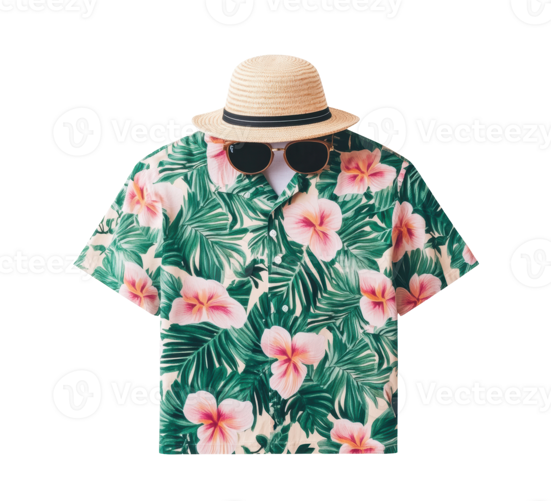 Tropical summer outfit with floral shirt and accessories for vacation png
