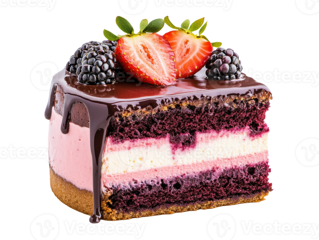 Delicious layered cake topped with strawberries and blackberries png