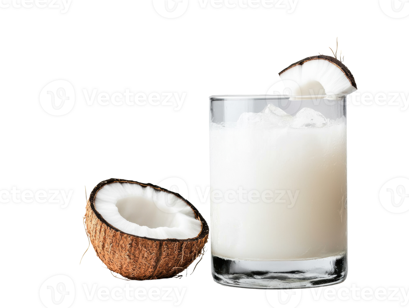 Refreshing coconut drink in a glass with coconut shell png