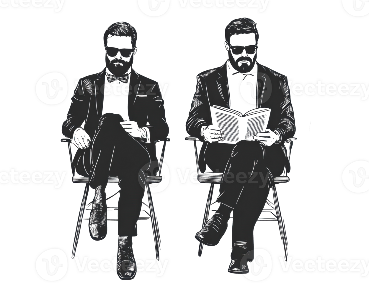 Stylish men reading in chairs, modern elegance and sophistication png