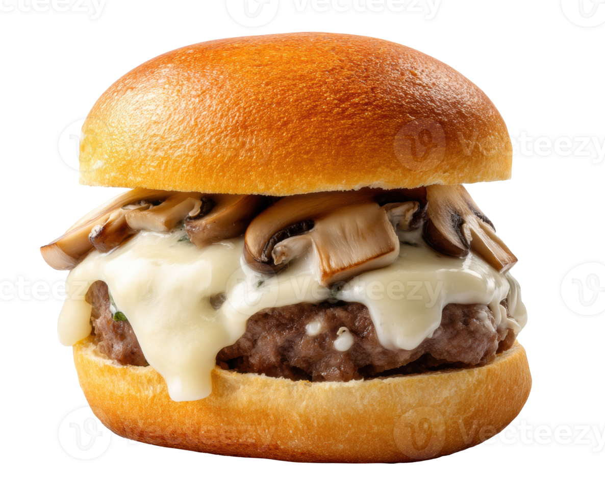 Juicy burger with melted cheese and mushrooms on a soft bun png