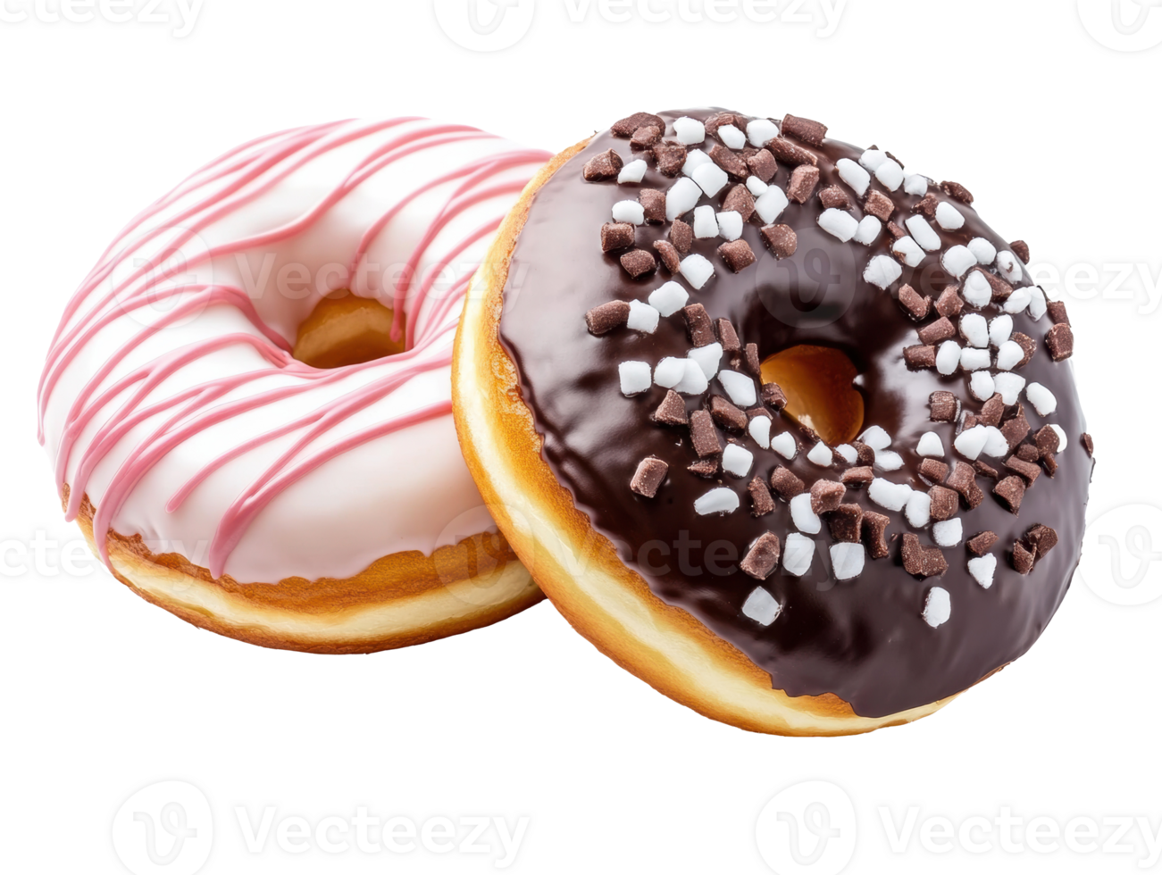 Delicious donuts with chocolate and pink glaze for dessert png