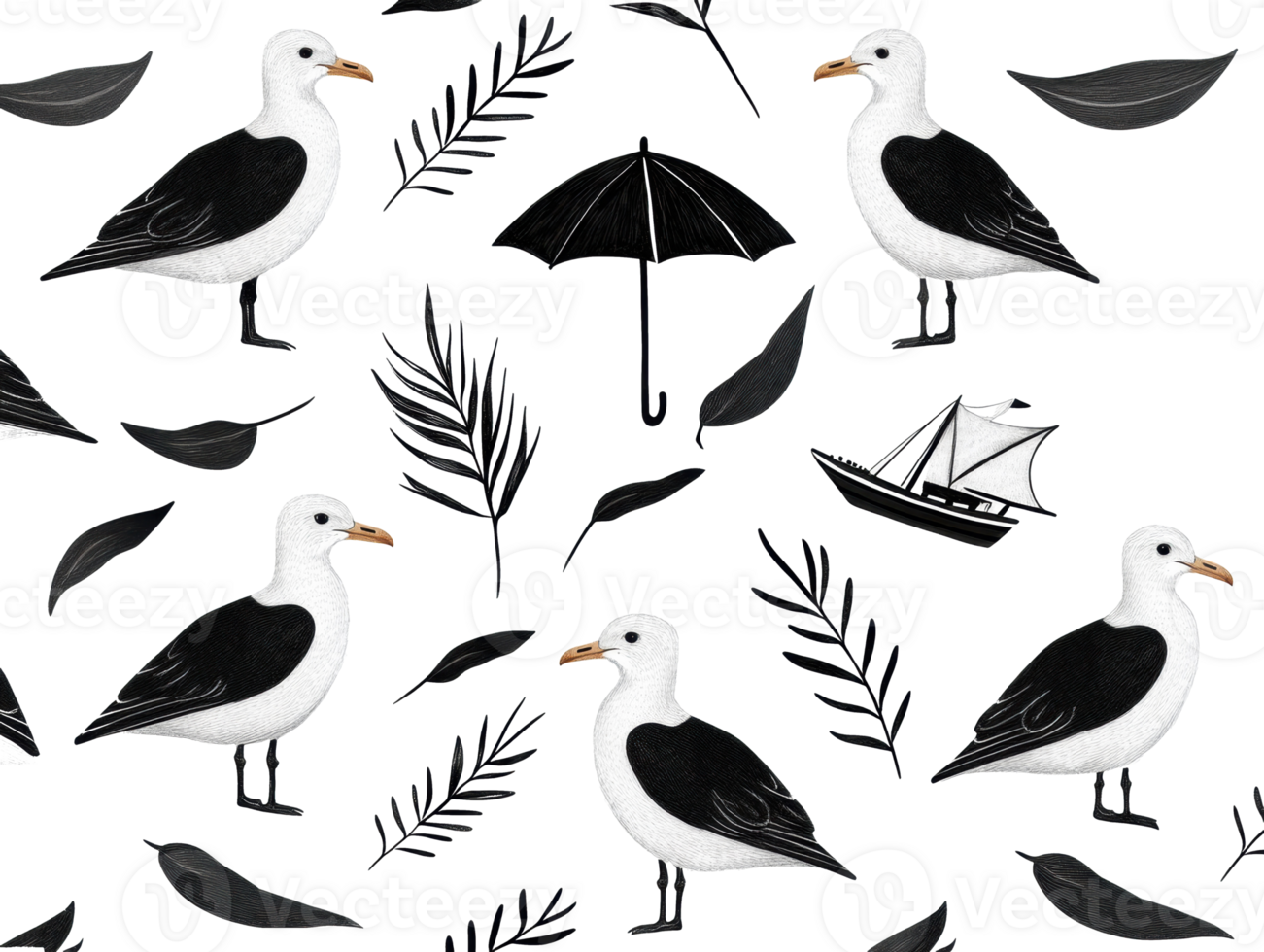 Seagulls and nautical elements in a stylish coastal design for decor png