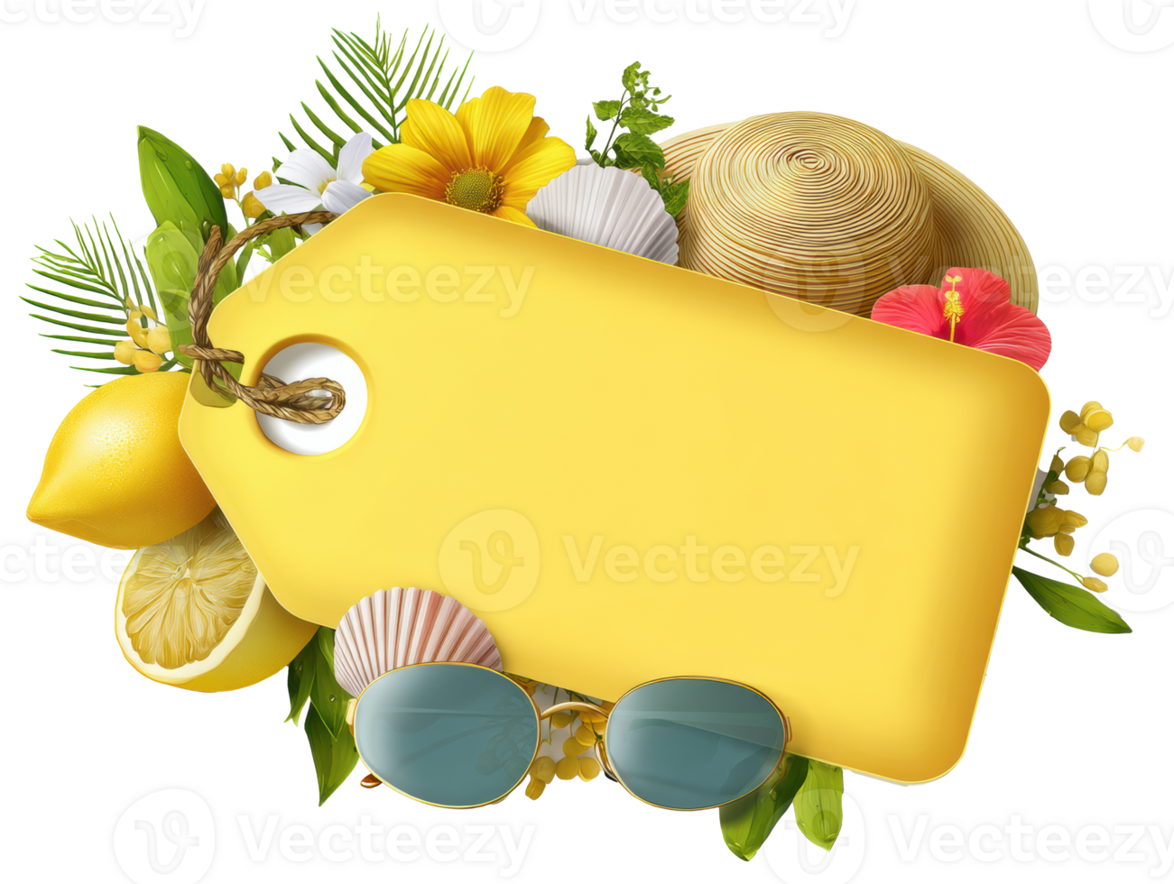 Summer vacation label with tropical elements and bright colors png