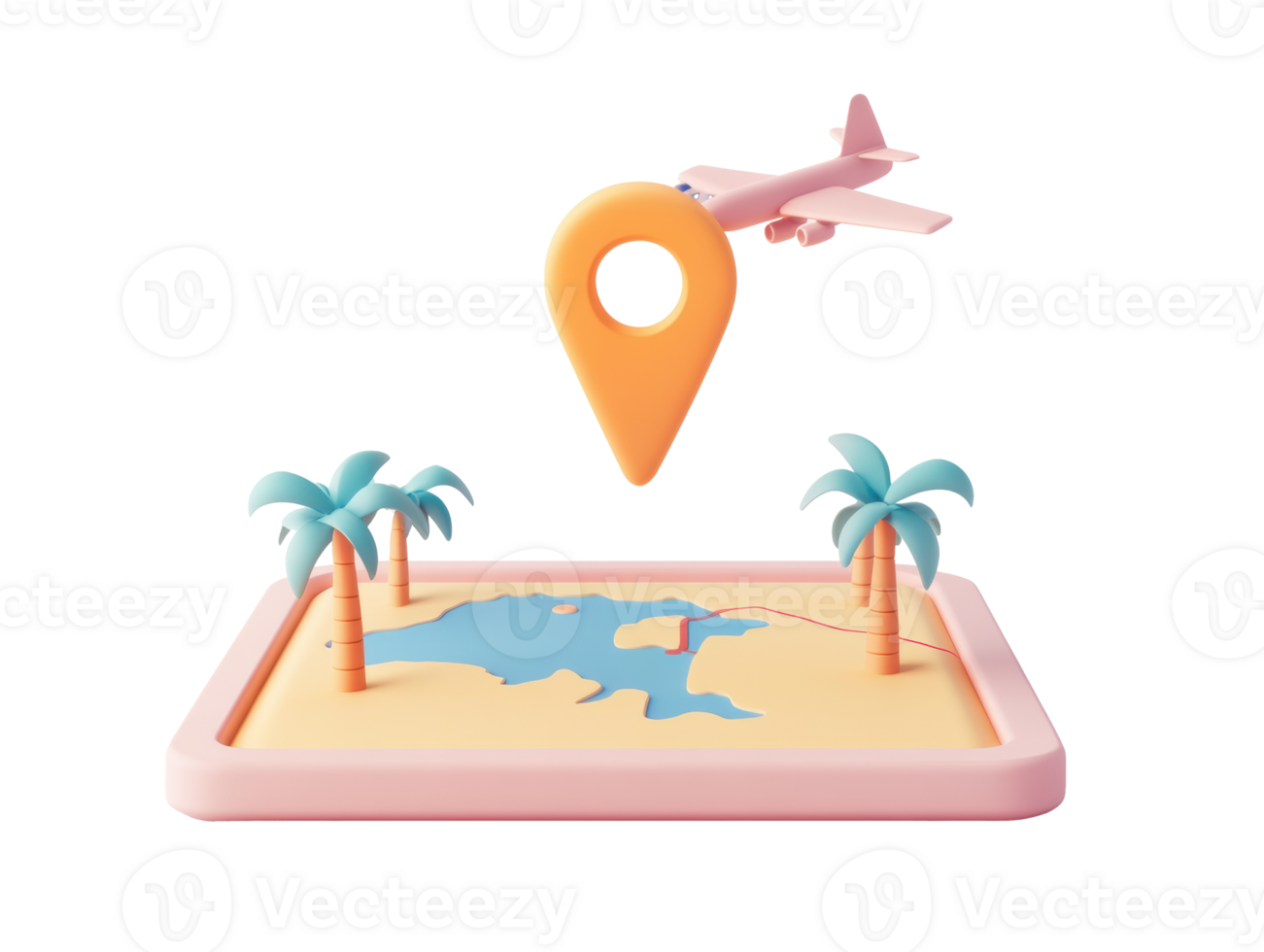 Travel concept with airplane and location pin on beach map png