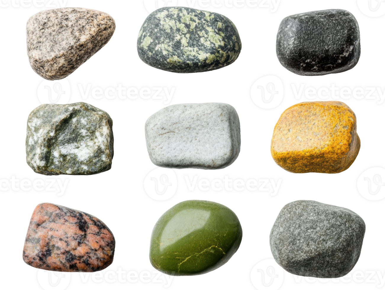 Variety of natural stones arranged in a grid pattern for design use png