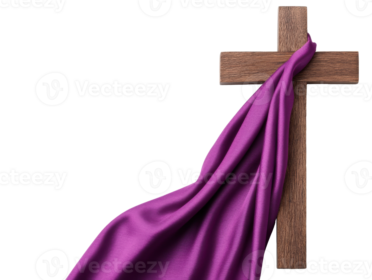 Elegant wooden cross draped with purple fabric for Lent reflection png