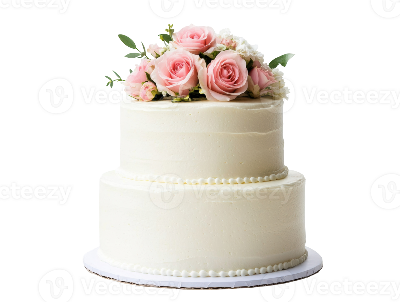 Elegant two-tier wedding cake adorned with pink roses and greenery png