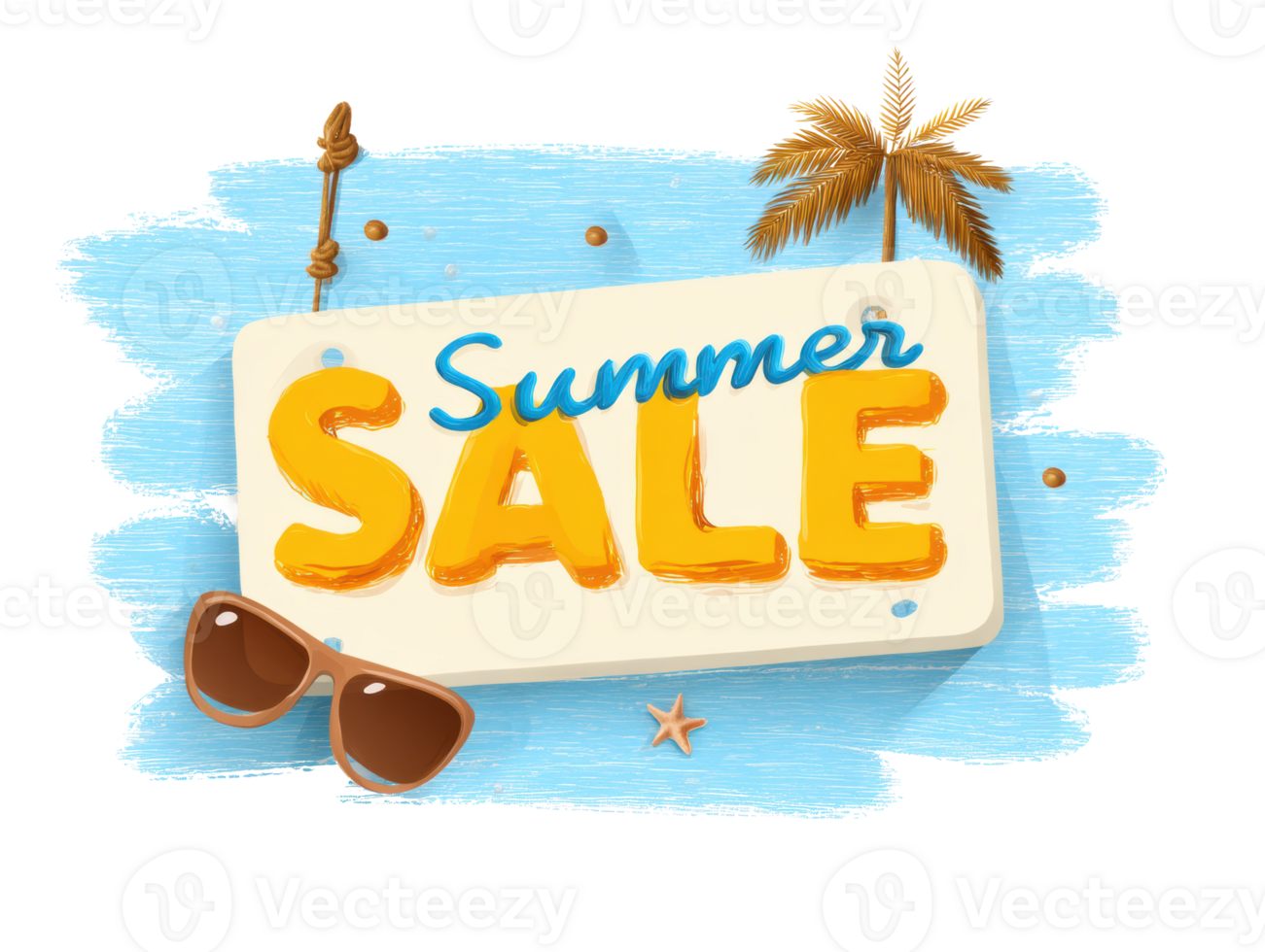 Bright summer sale announcement with sunglasses and palm tree png