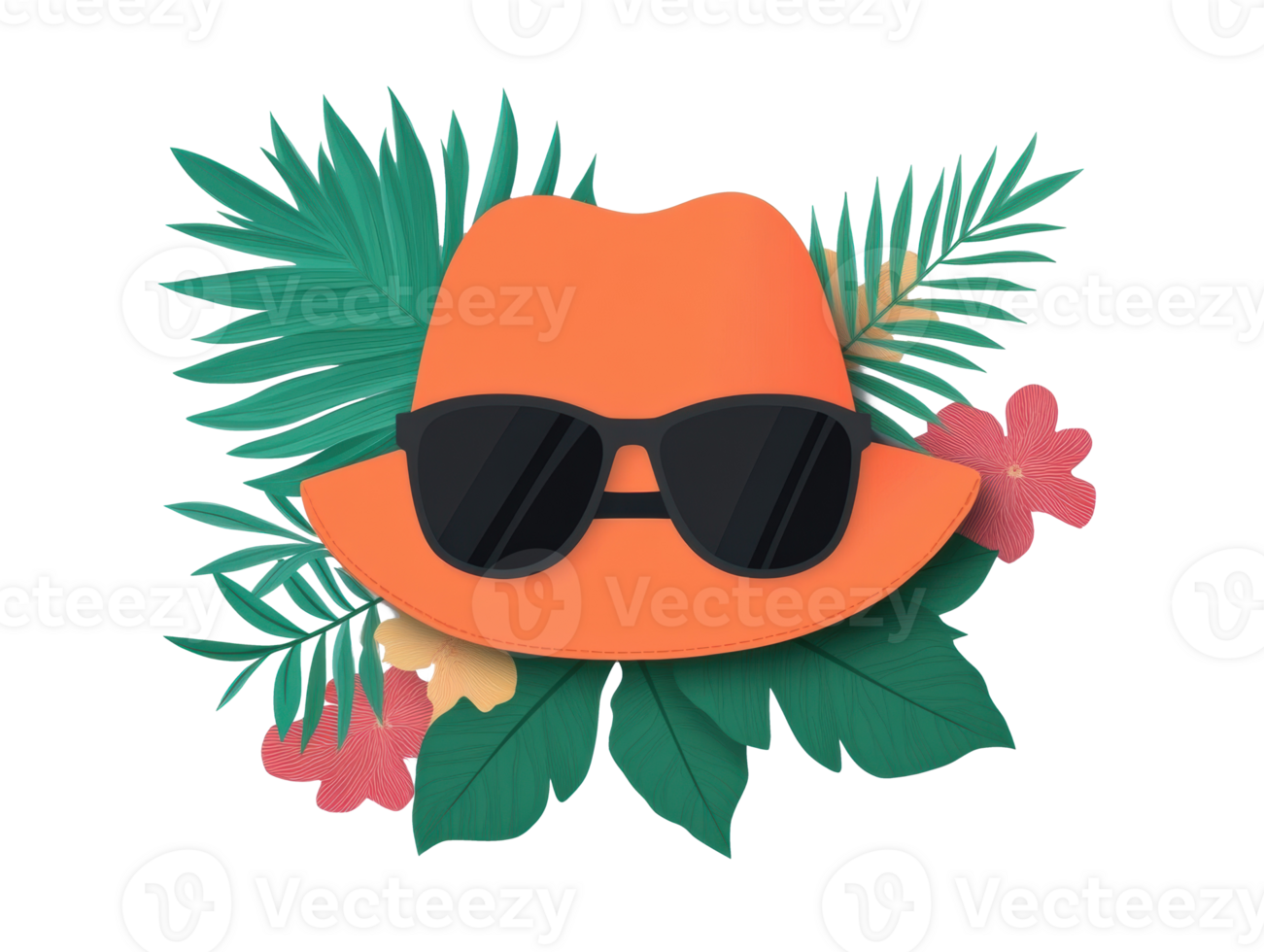 Bright summer vacation hat with sunglasses and tropical leaves design png