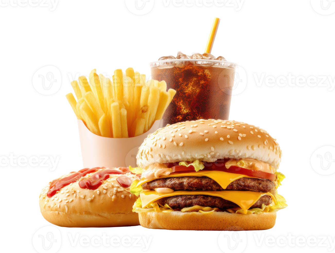 Tempting fast food feast with burgers, fries, and soft drink delight png