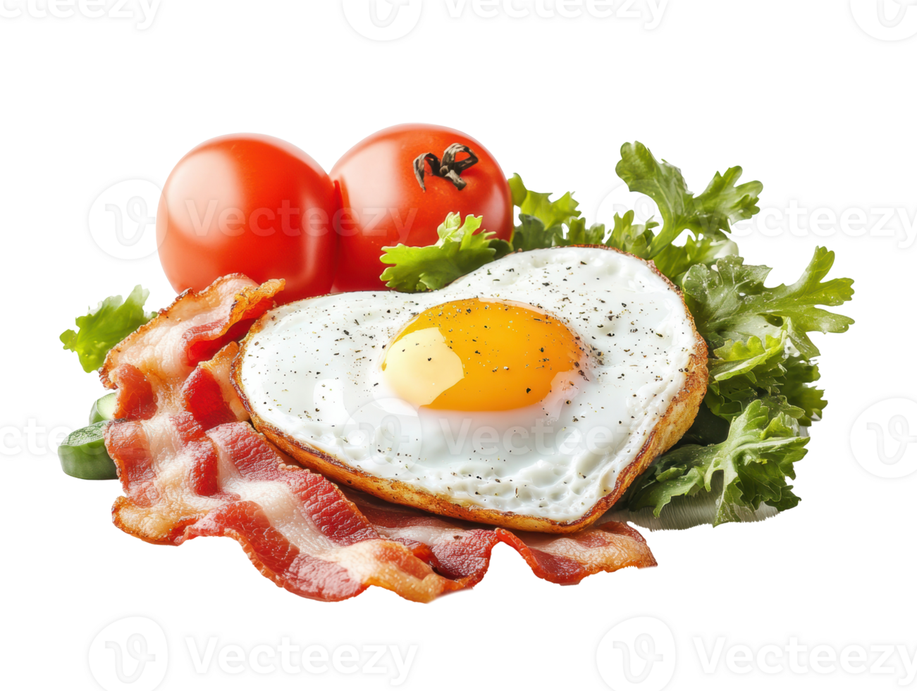 Delicious heart-shaped fried egg with vegetables and bacon on a plate png