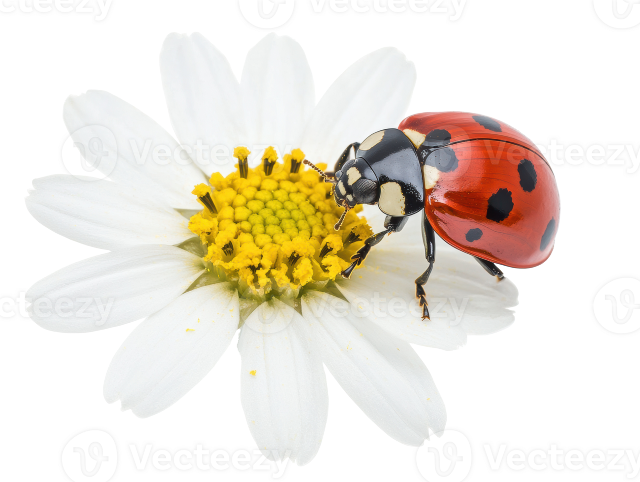 Close-up view of ladybug on daisy flower during sunny day png
