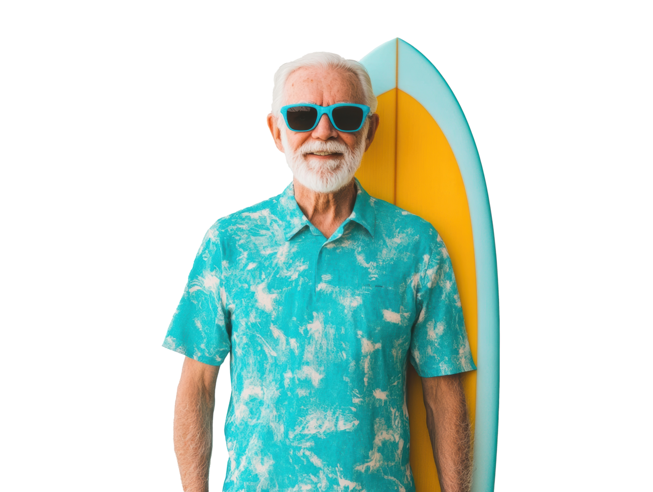Happy elder man with surfboard enjoying summer vacation at beach png