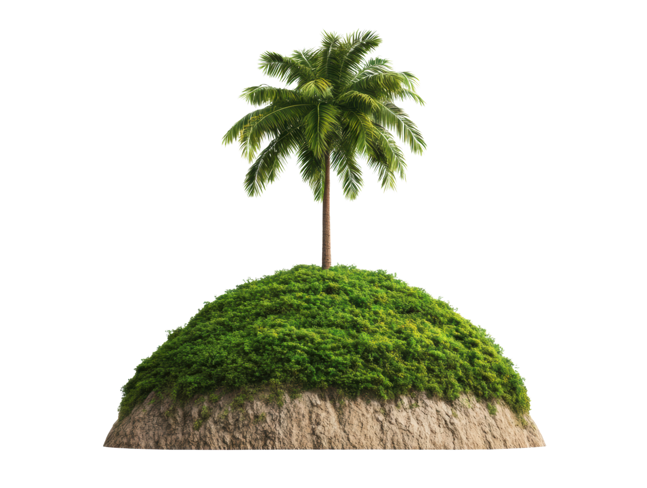 Lush green island with a palm tree for tropical decor and design png