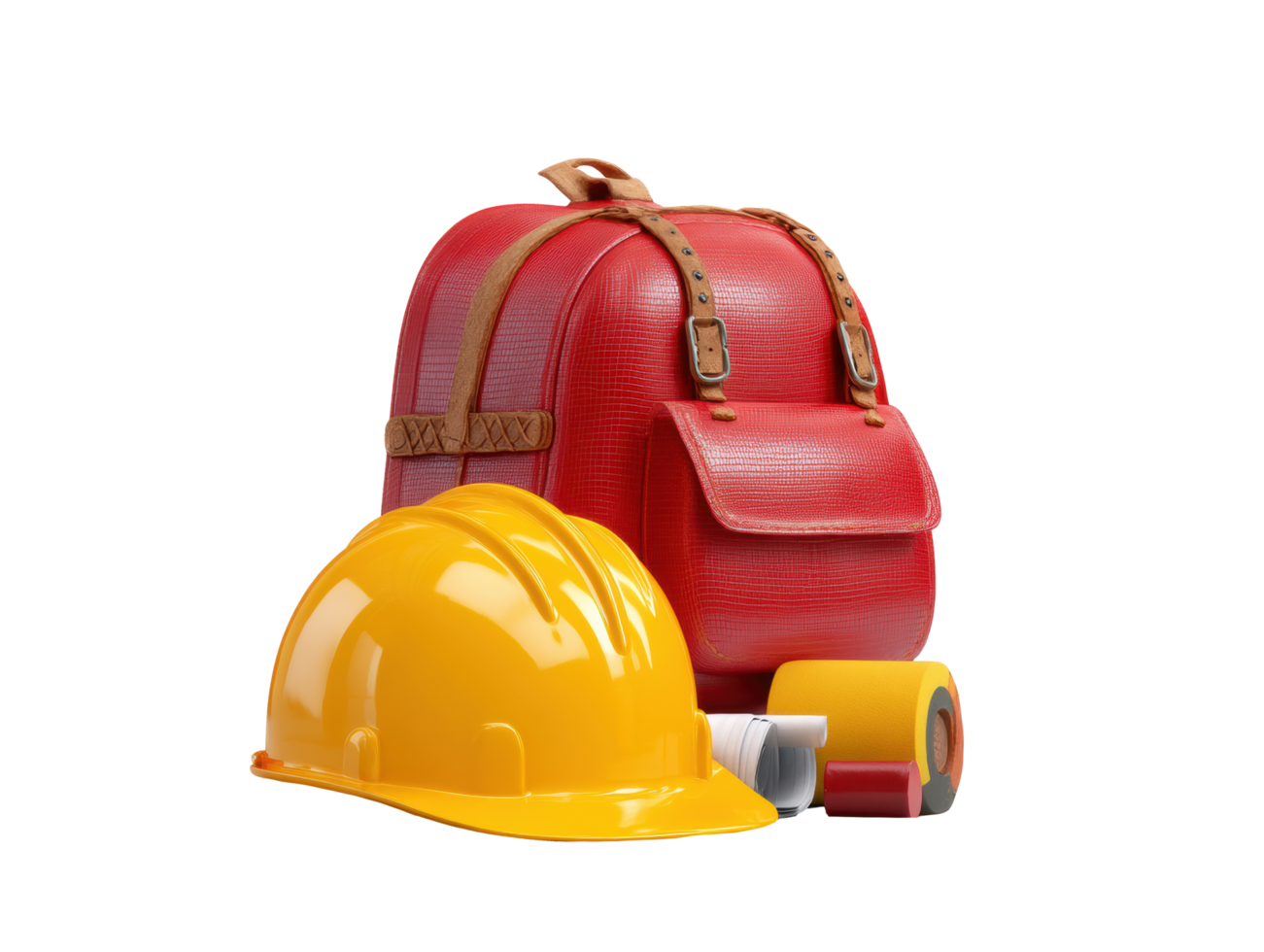 Construction gear and tools arranged with red backpack and helmet png
