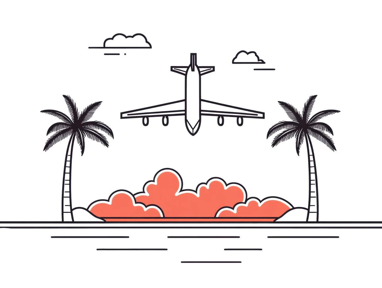Airplane flying over tropical island with palm trees and clouds png