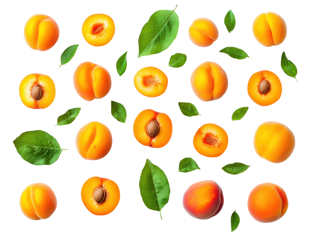 Vibrant peaches and green leaves arranged in a fresh display png