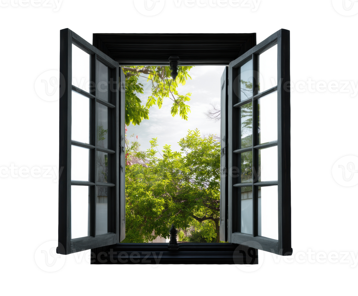 Open window revealing lush greenery and bright daylight outside png