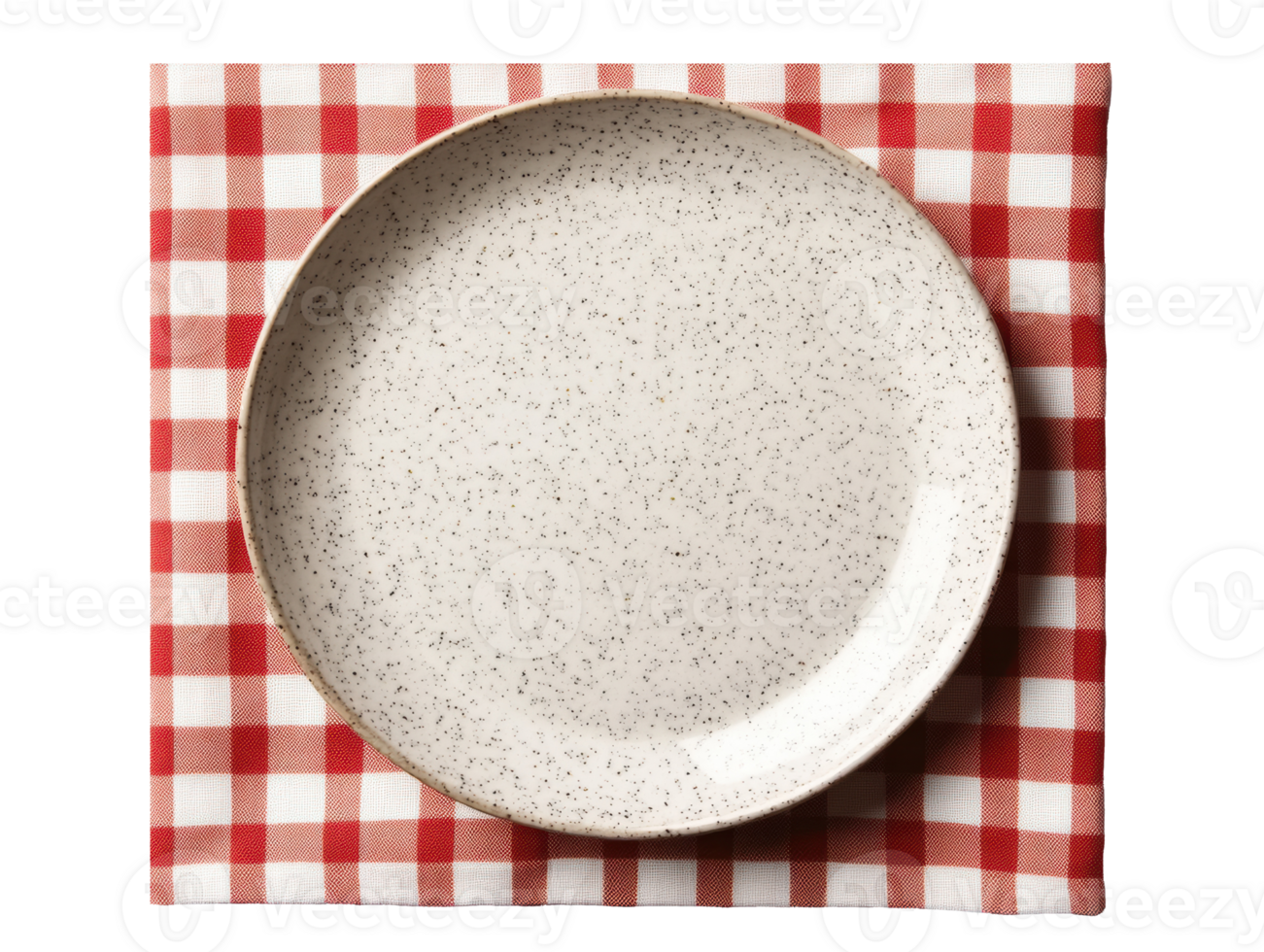 Rustic dining setup with textured plate on checked tablecloth png