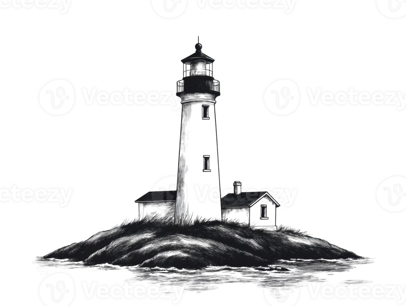 Vintage lighthouse on rocky shore with coastal scenery png