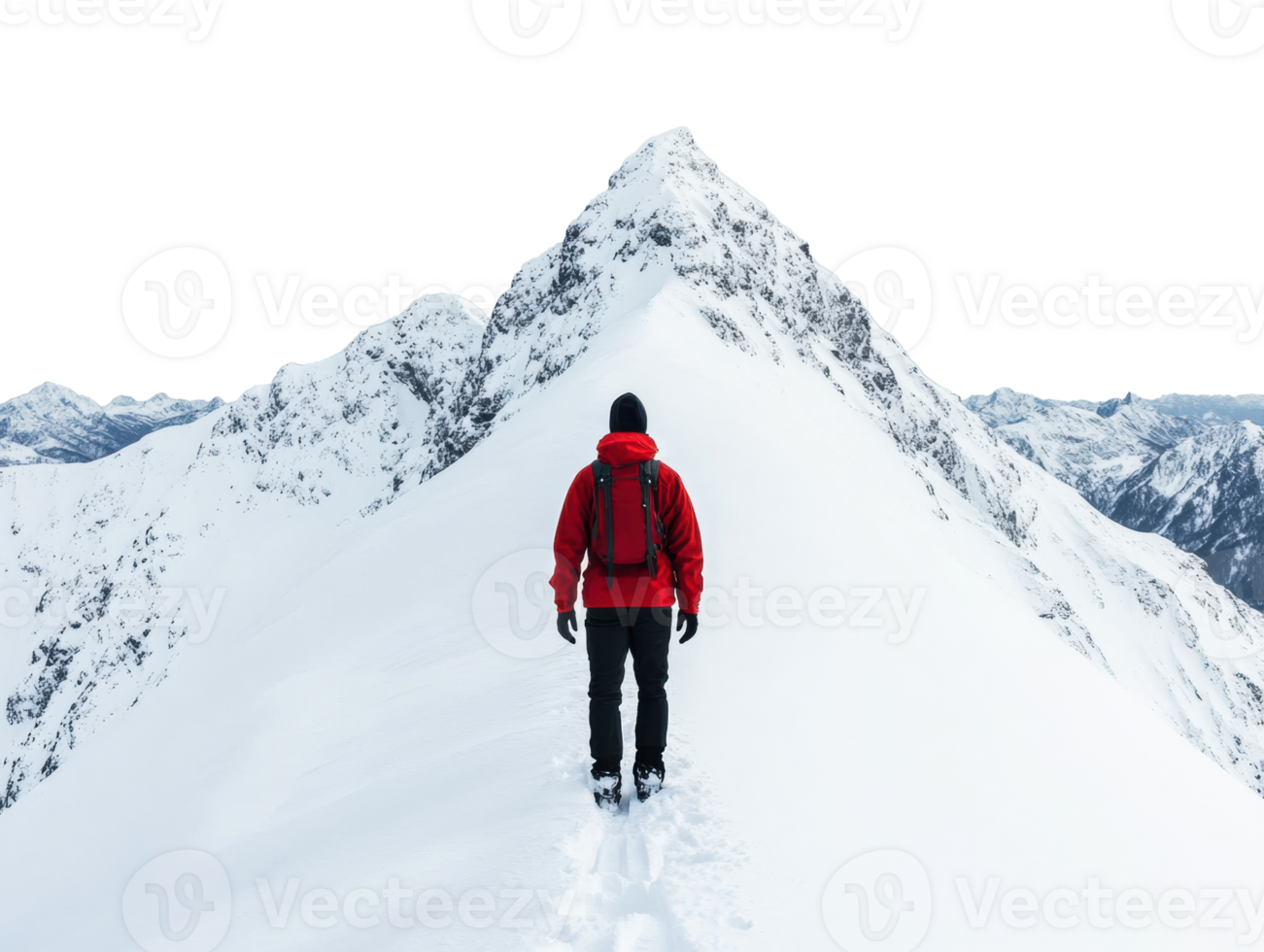 Hiking on snowy mountain peak with a person in red jacket png