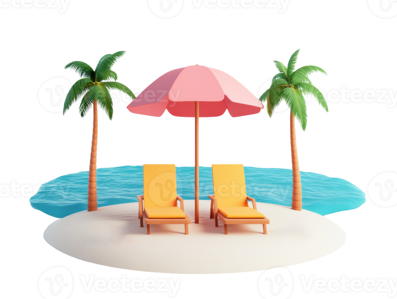 Tropical beach retreat with lounge chairs and palm trees png