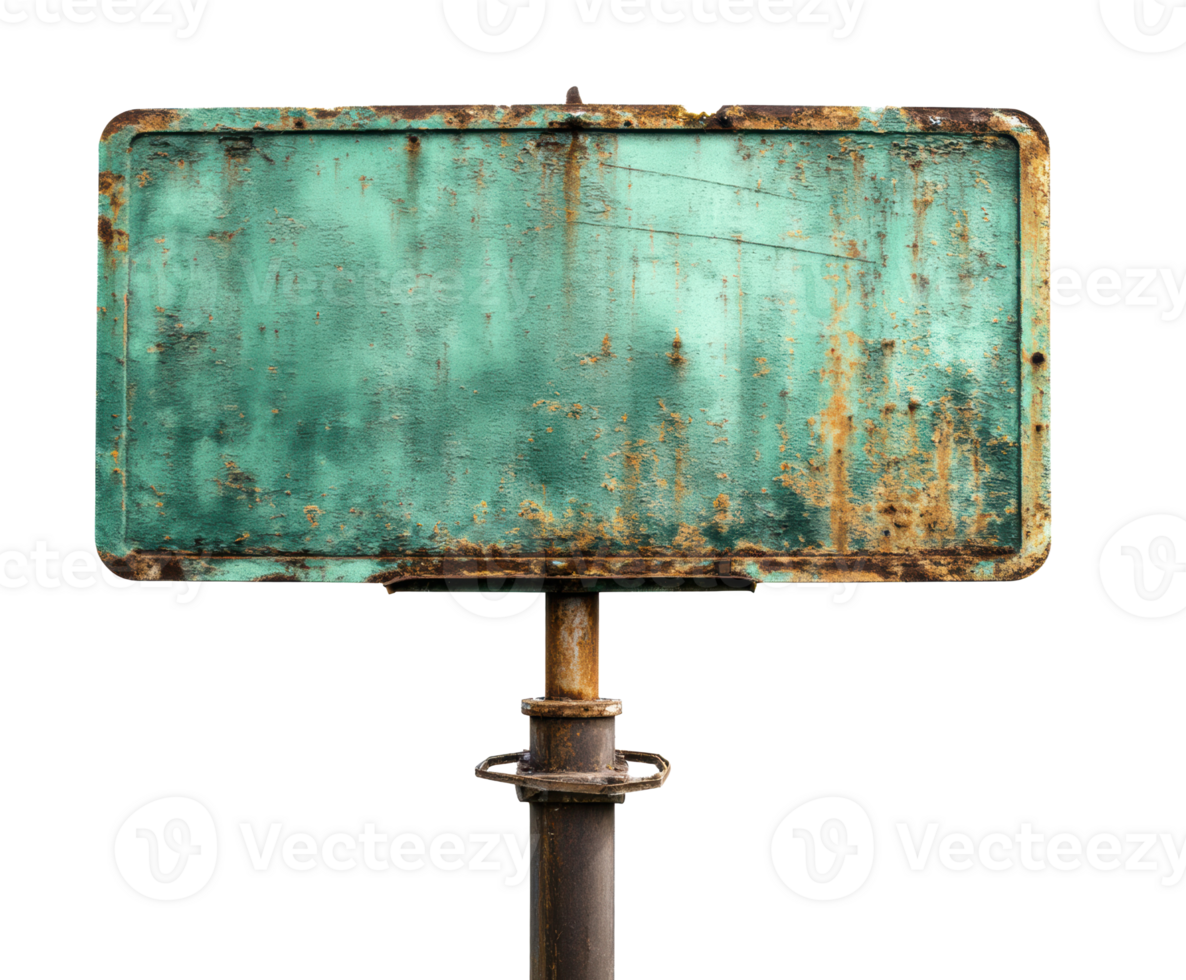 Rusty vintage sign with green patina on metal pole for decoration png