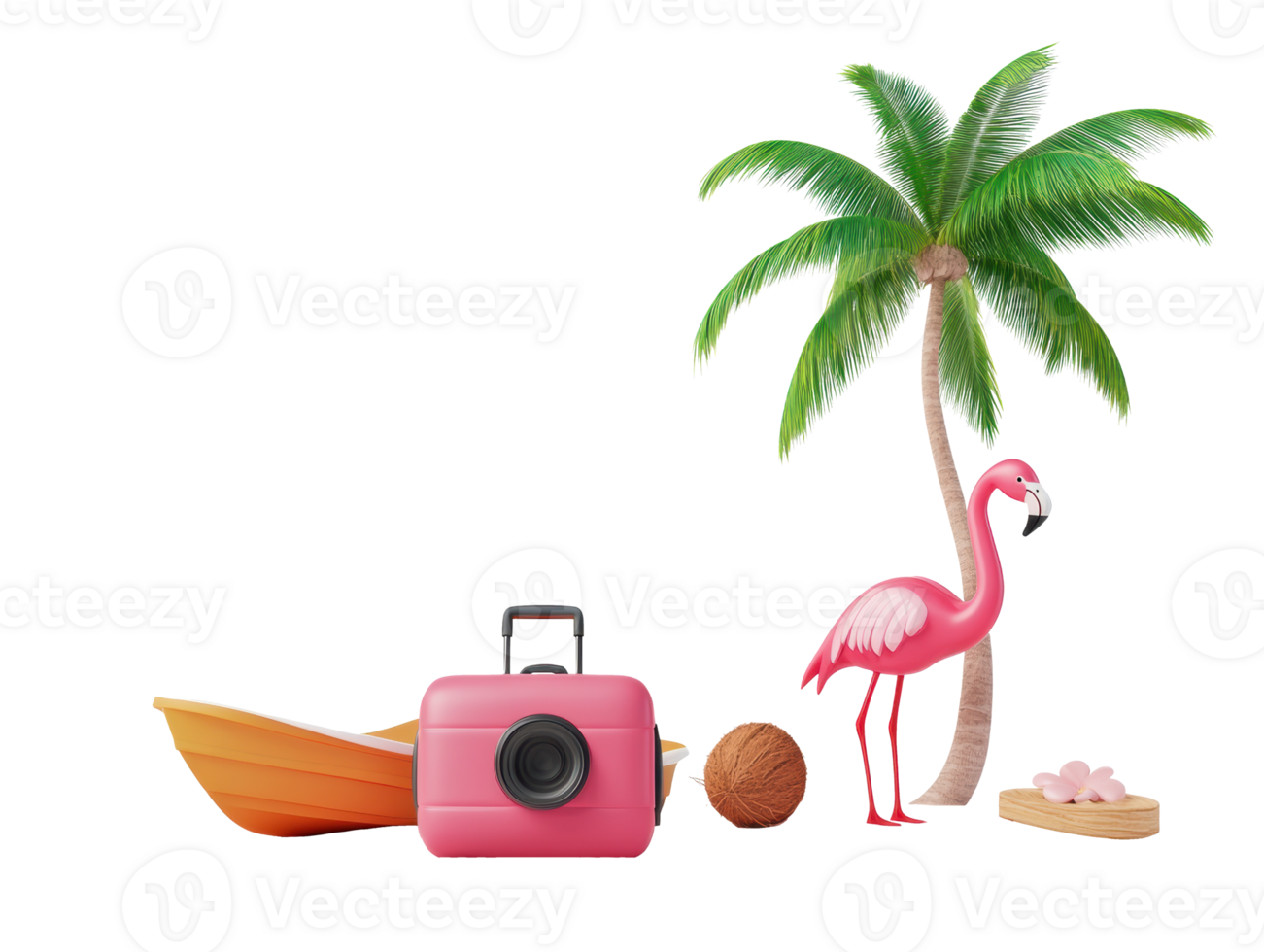 Tropical vacation concept with vibrant flamingo, palm tree and luggage png