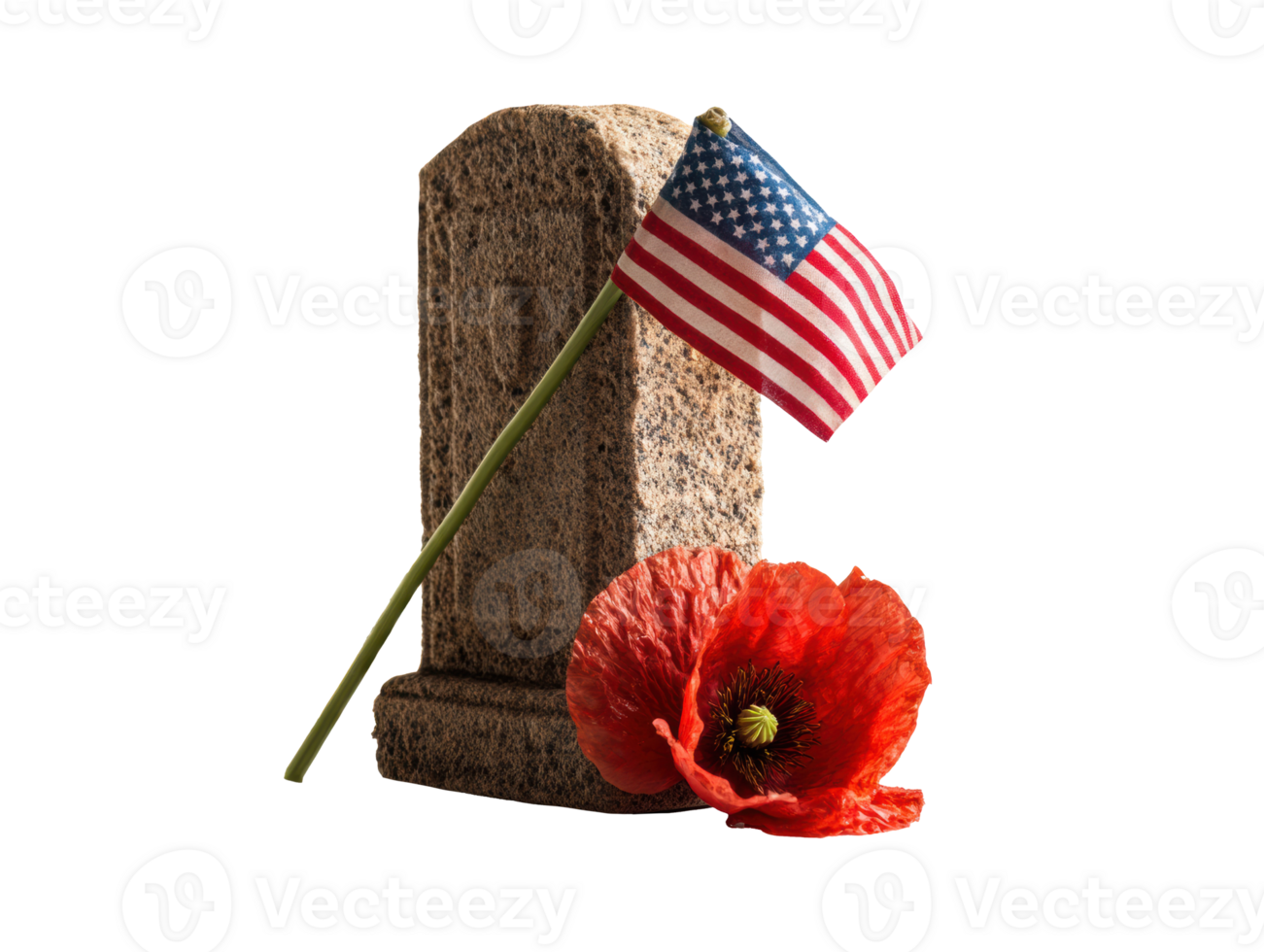 Memorial tribute with American flag and red poppy flower png