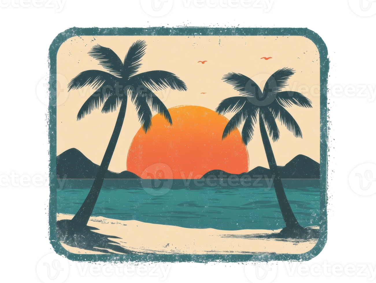 Tropical sunset over beach with palm trees and mountains in view png