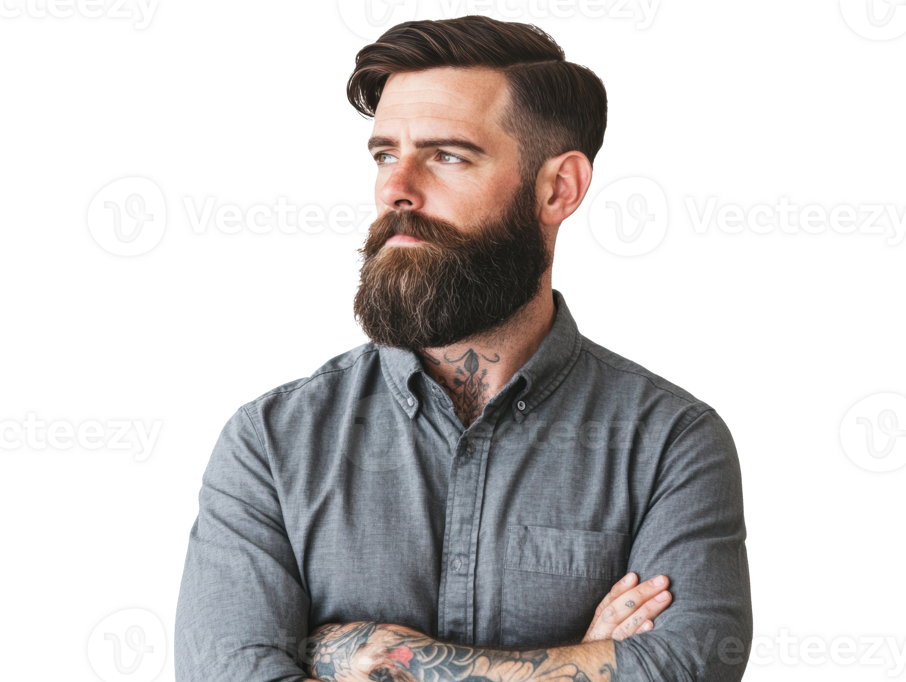 Confident man with beard and tattoos showing style and personality png