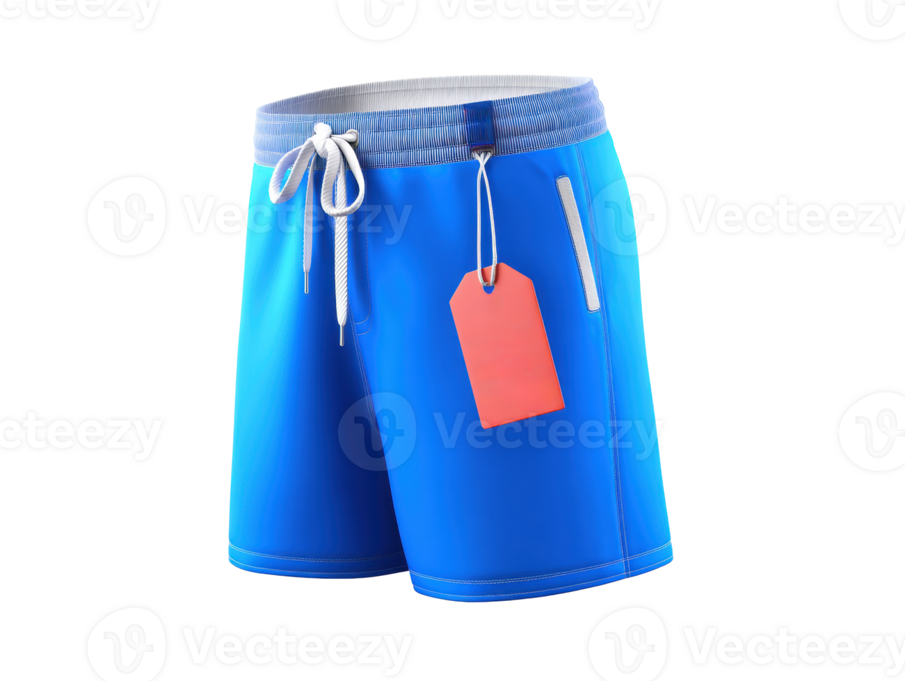 Bright blue swim trunks with tag for summer beachwear collection png