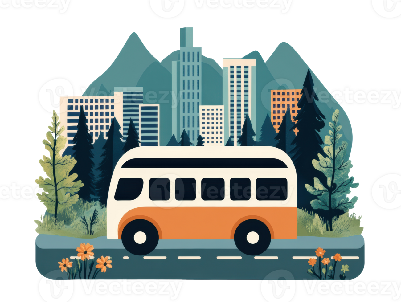 Urban bus traveling through mountainous landscape in a city png