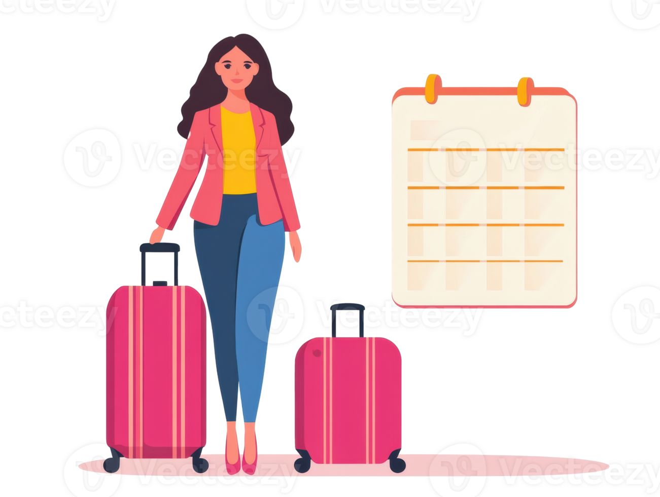 Woman preparing for a summer vacation with luggage and calendar png